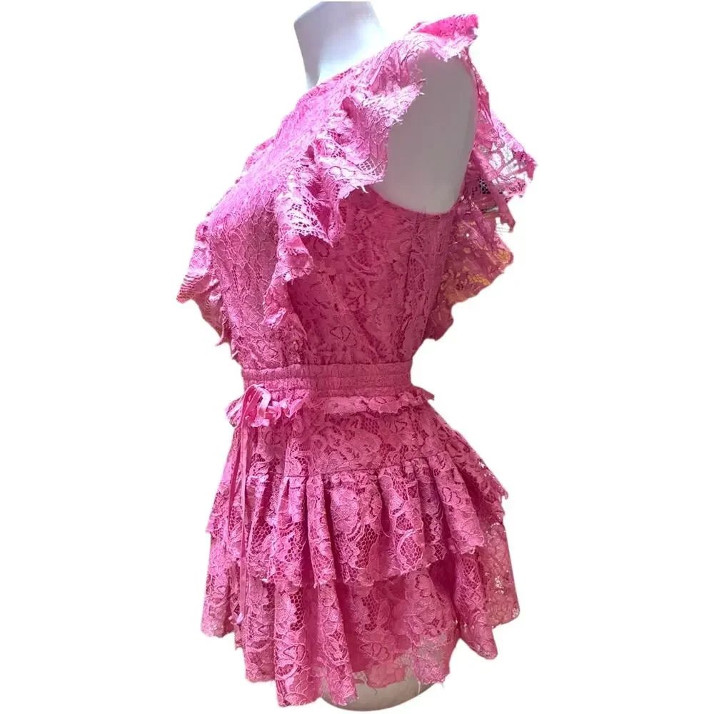 Idem Ditto Layered Lace Romper Mini Dress Pink Small